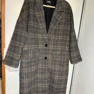 Zara Black and Gray Checkered Overcoat